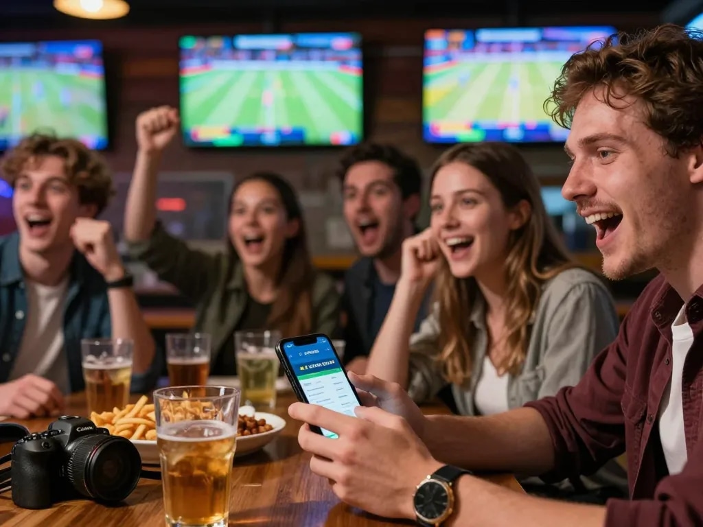 Exciting sports betting scene with friends engaging on the IDNSCORE app during a live game.