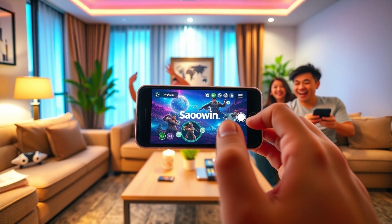 Chơi Saowin APK trên điện thoại thông minh trong không gian phòng khách ấm áp.