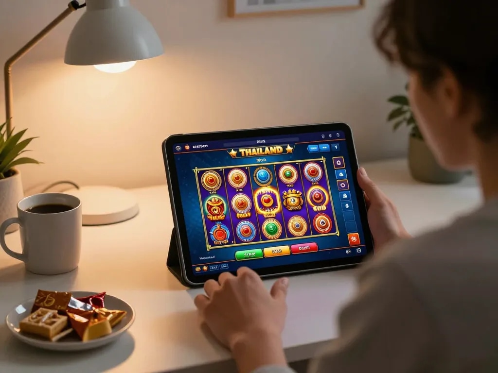 Experience top gameplay with slot server Thailand in a cozy home setting, showcasing online gaming.