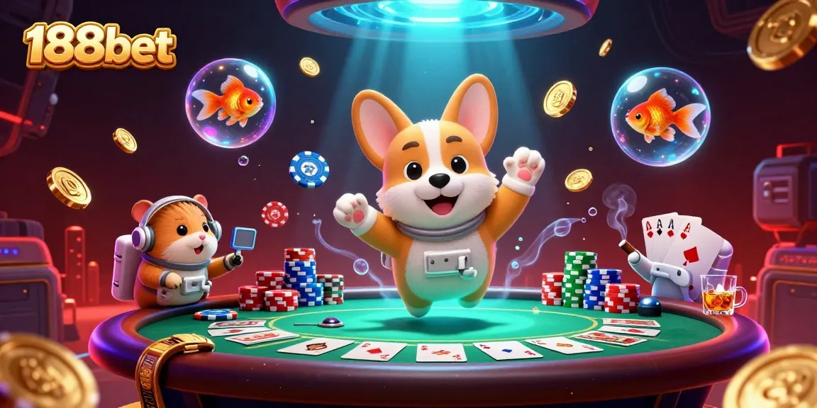 Experience the excitement of 188bet with a captivating casino scene featuring playful characters and gaming elements.
