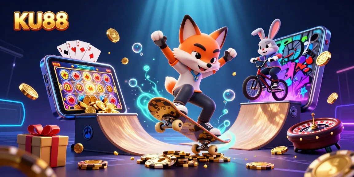 Experience the thrill of gaming with KU88's vibrant 3D casino illustration showcasing exciting features.