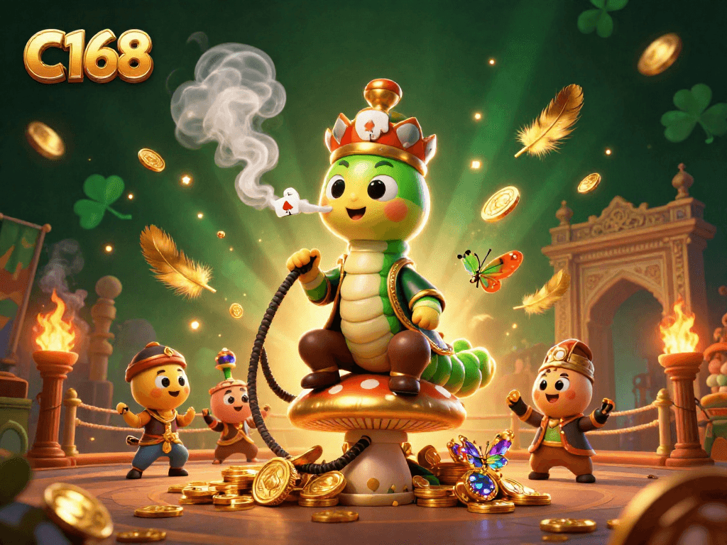 Engage with C168's vibrant casino experience featuring a whimsical caterpillar hookah-master and dynamic game elements.