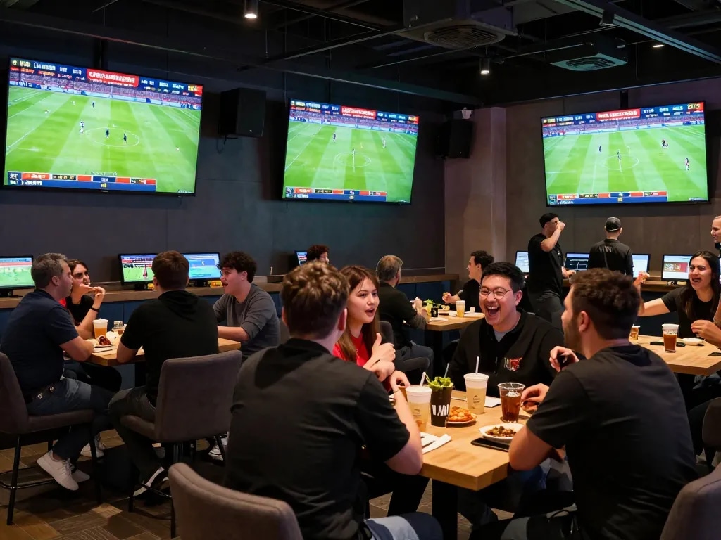 Excited fans engaging with Livescore updates in a lively sports betting lounge