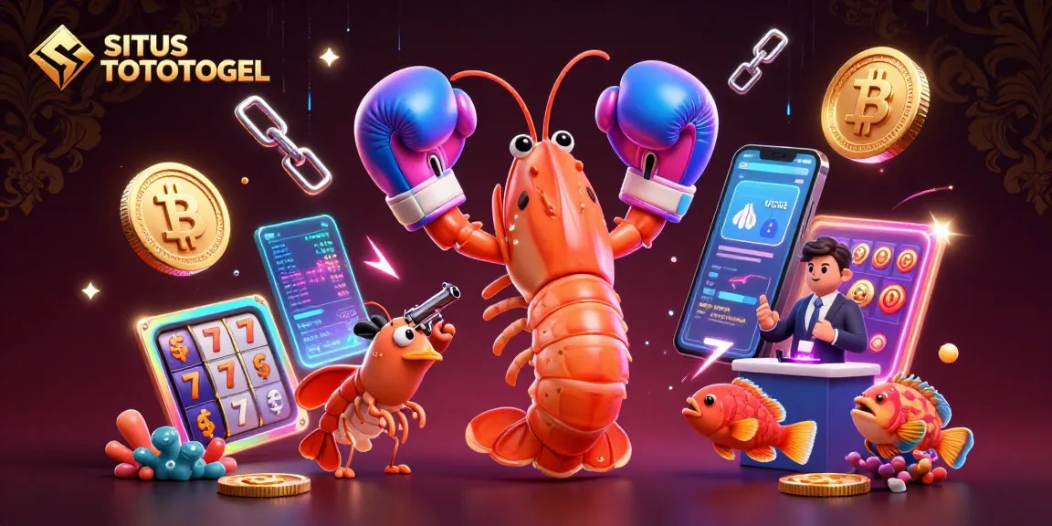 SITUS TOTOTOGEL showcases a vibrant illustration of a mantis shrimp championing slots and crypto betting with dynamic energy.