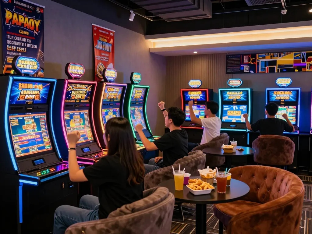 Teman-teman menikmati permainan slot gacor di lounge permainan yang modern dengan dekorasi yang cerah dan suasana yang menggembirakan.