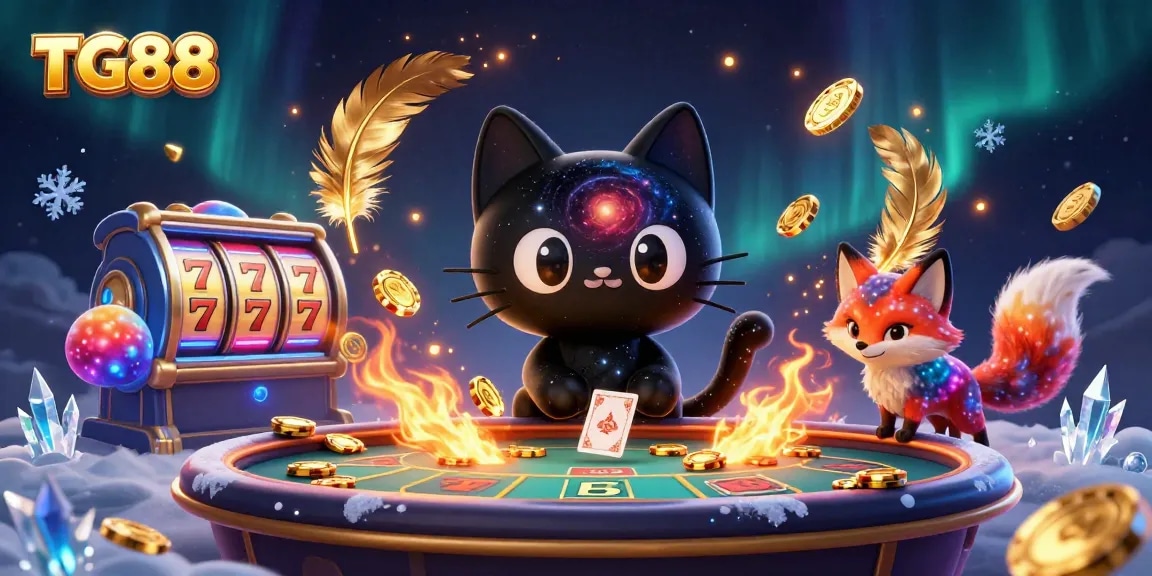 Play at TG88, where the cosmic cat draws in chips and cards at a vibrant casino.