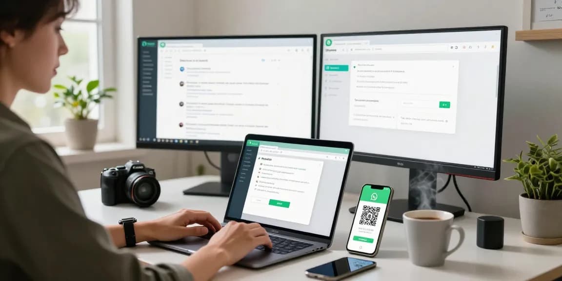 Using WhatsApp網頁版 on a laptop in a modern home office setup, showcasing productivity and connectivity.