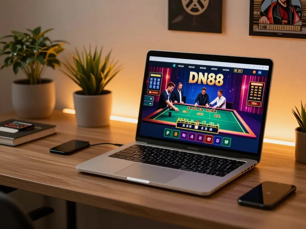 Experience exciting gameplay on DN88 online casino with a vibrant live dealer game interface on a laptop.