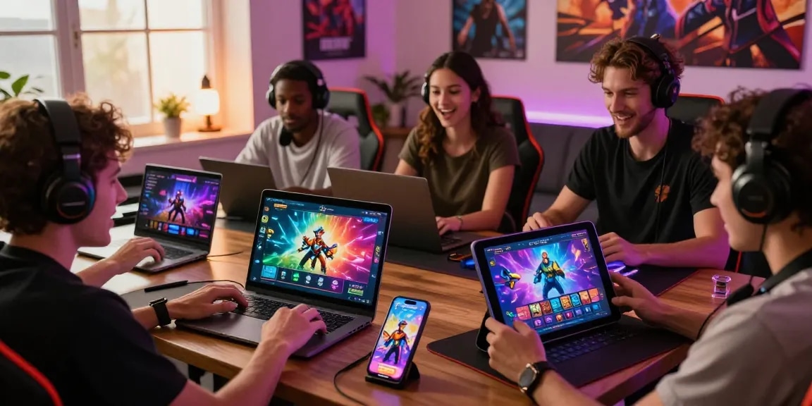 Excited players enjoying a sex game on various devices in a cozy gaming environment.