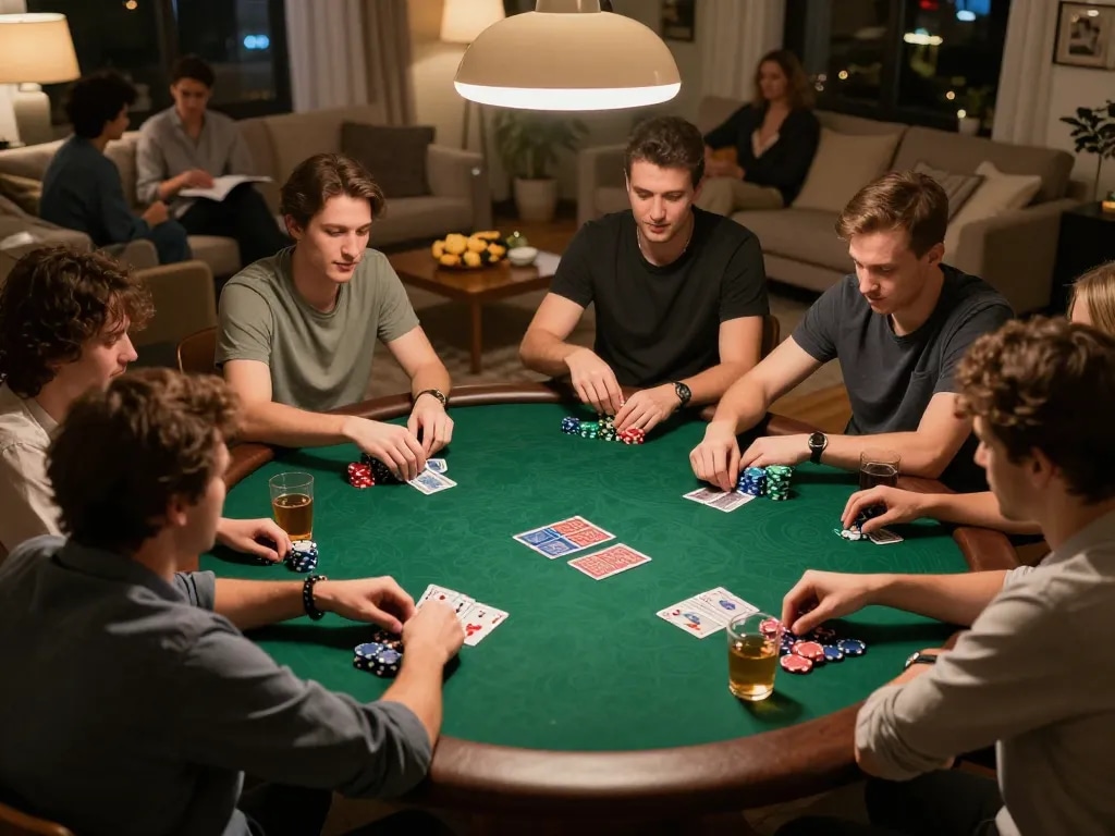Players enjoying a competitive poker night at home, showcasing LLwin's engaging atmosphere with colorful chips and cards.