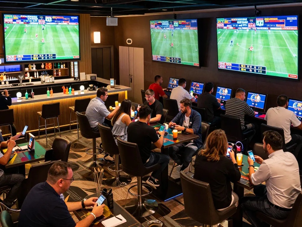 Engaged bettors analyzing sports odds at mb88 in a vibrant casino lounge.
