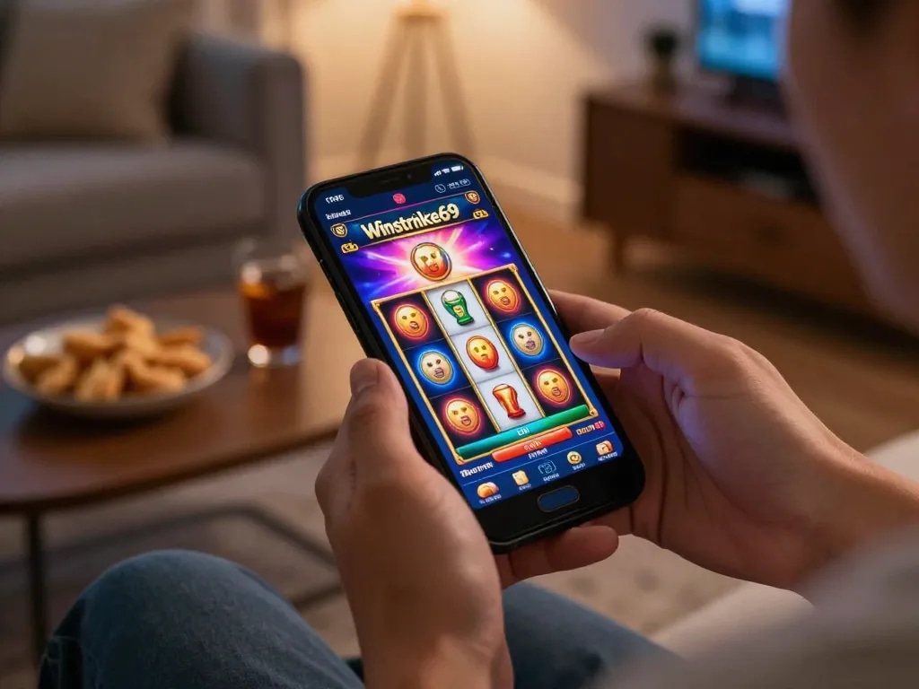 Engaging moment playing Winstrike69 app, showcasing excitement in mobile gaming.