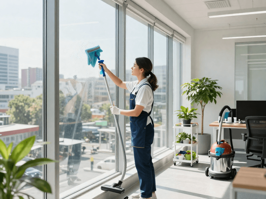 Professionelle Gebäudereinigungsfirma in Dortmund reinigt Fenster mit umweltfreundlichen Produkten.