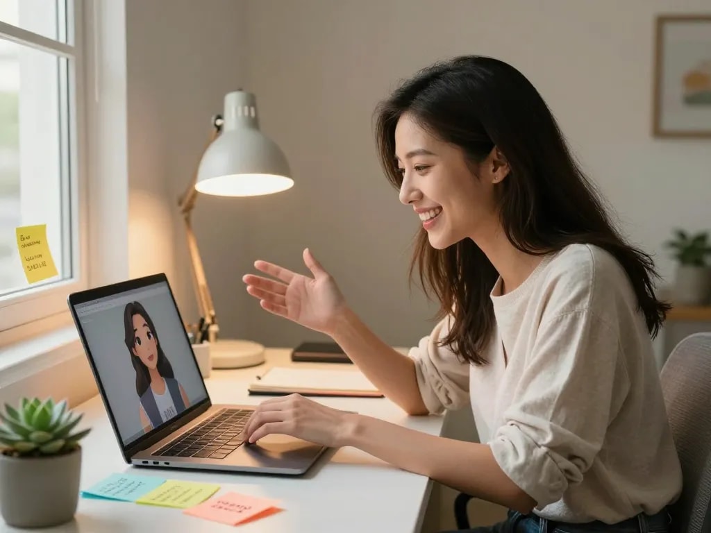 Cheerful woman interacting with her AI girlfriend on laptop in a cozy home office.
