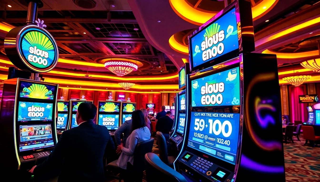 Pemain menikmati mesin slot dengan promosi 'slot bonus 100' dalam suasana kasino mewah.