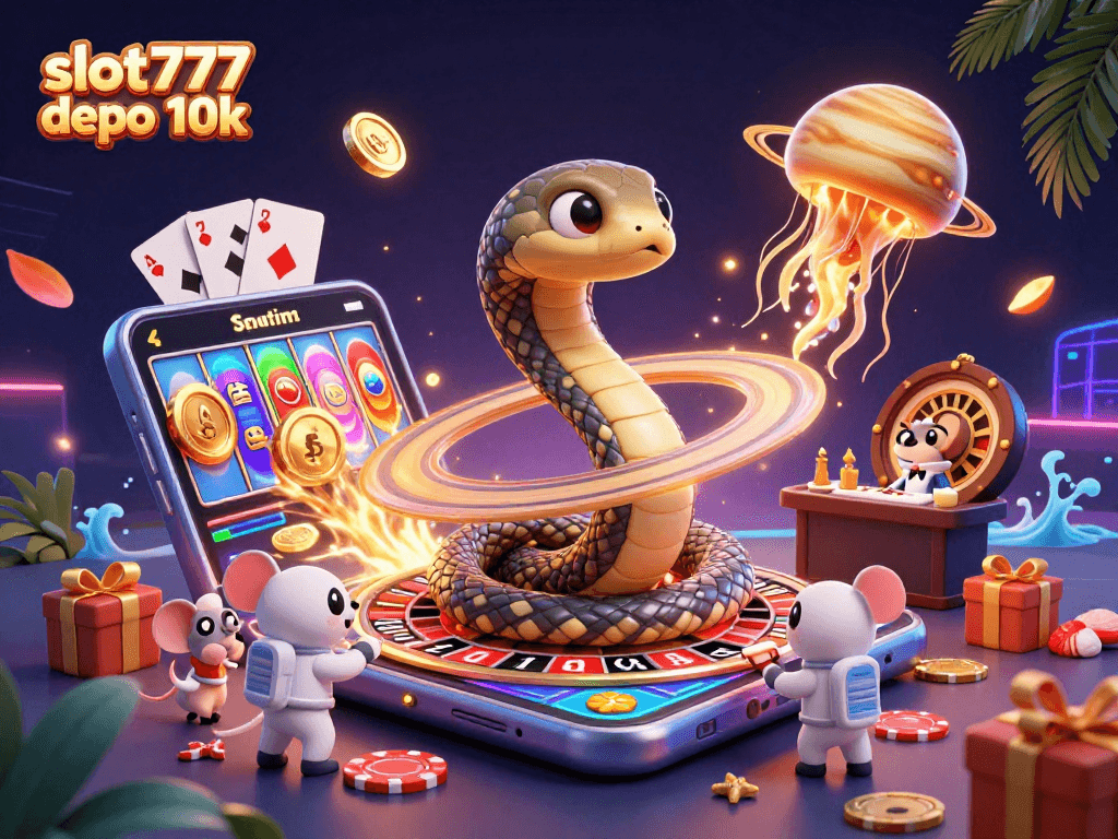 Engage with slot777 depo 10k through a vibrant and animated casino scene featuring playful characters and dynamic gaming elements.