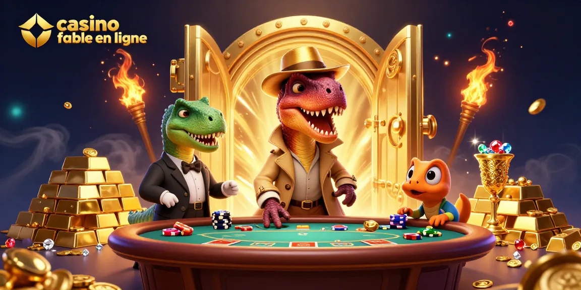 Illustration de casino fiable en ligne montrant un vélociraptor jouant au blackjack avec un pit boss, entouré de trésors.