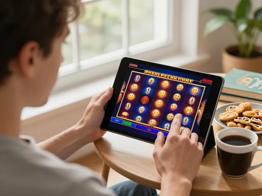 Player enjoying slots on a tablet at home with paris888, showcasing vibrant graphics in a cozy environment.