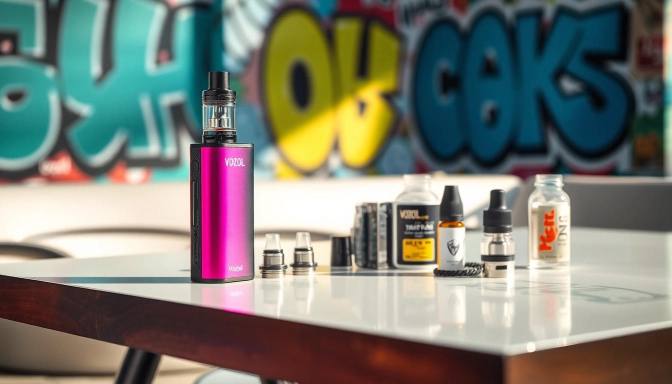 Vorzugsweise vozol Vaping-Gerät zusammen mit trendigen Zubehörteilen auf modernem Tisch.