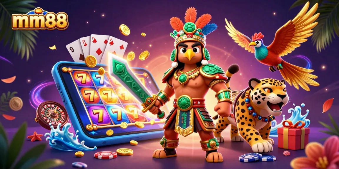 Experience thrilling gaming action at mm88 with lucky slots, vibrant colors, and dynamic characters.