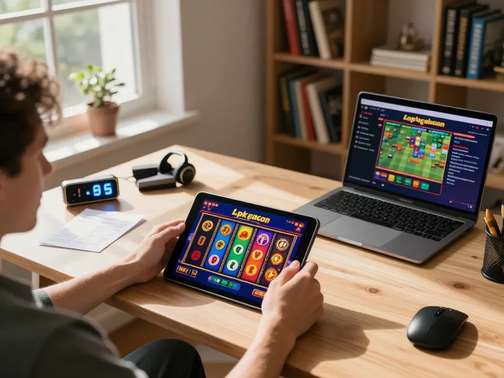 Player enjoying apk gacor slots on a tablet in a cozy home gaming setup, promoting responsible entertainment.