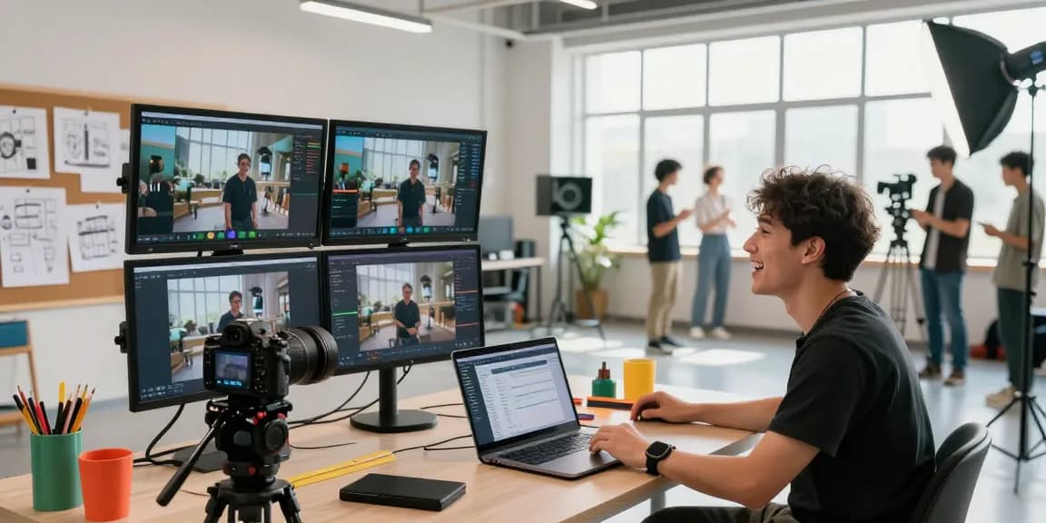 Creative team member using Seedance AI to direct a dynamic video shoot in a bright studio setting.