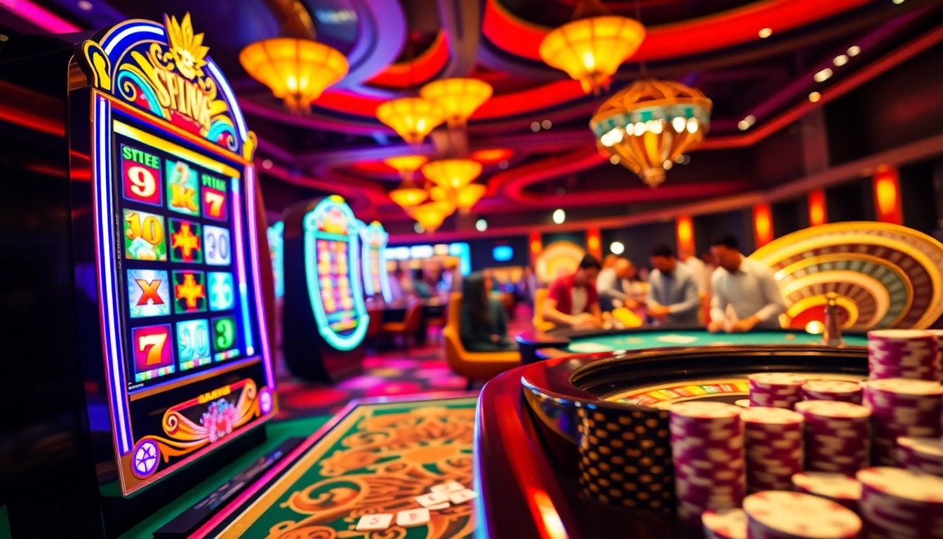 Engage with slot pragmatic action at a vibrant casino scene featuring a colorful slot machine and lively players.