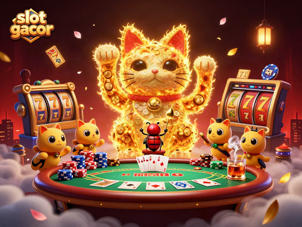 Engage in the thrill of slot gacor with a lively scene of a lucky cat and casino symbols.