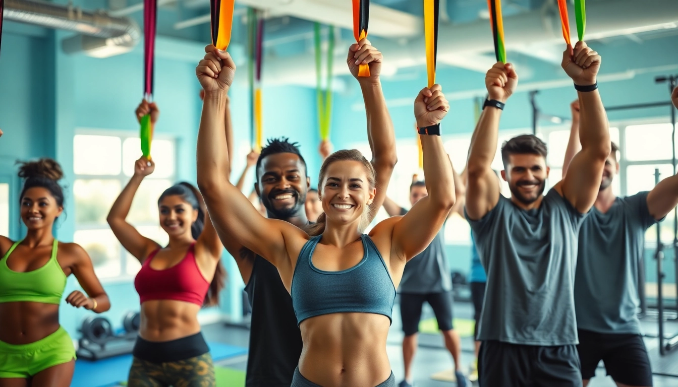 Engaged users employing resistance bands for pull-ups in a vibrant gym setting.