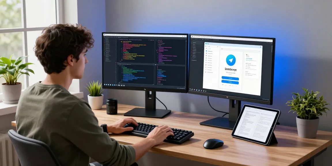 Developer coding in a vibrant workspace, showcasing telegram中文 app designs surrounded by tech tools.