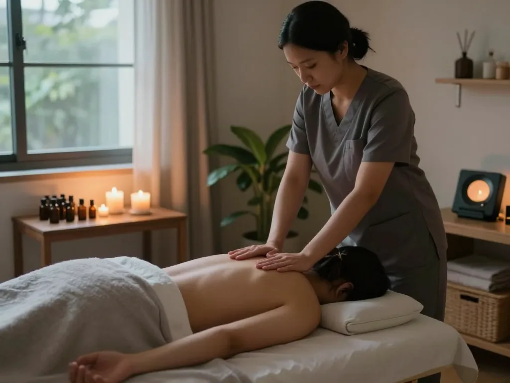 전문적인 터치가 가미된 평화로운 가정 환경에서의 개인 맞춤형 출장안마 치료 세션.