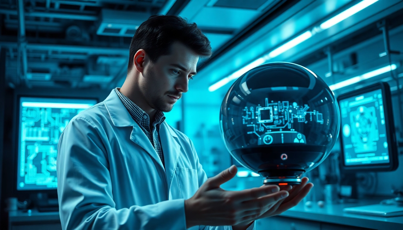 Detailed scene of a high-tech lab showcasing an image to prompt generator in action with a scientist and a robotic assistant.