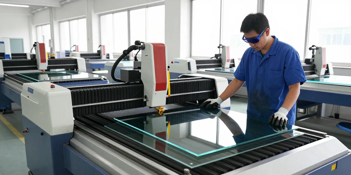 CNC cutting machine glass in a modern workshop with technician and cutting tools for precision processing.