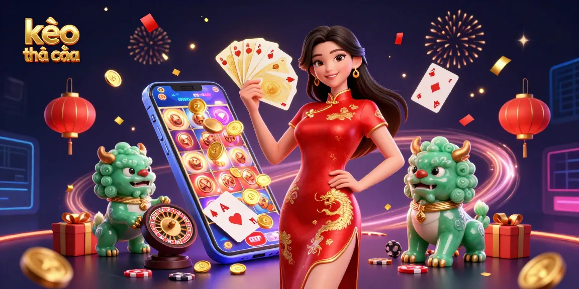 Experience the excitement of kèo nhà cái as golden cards and coins soar around an elegant woman in vibrant casino-themed scene.