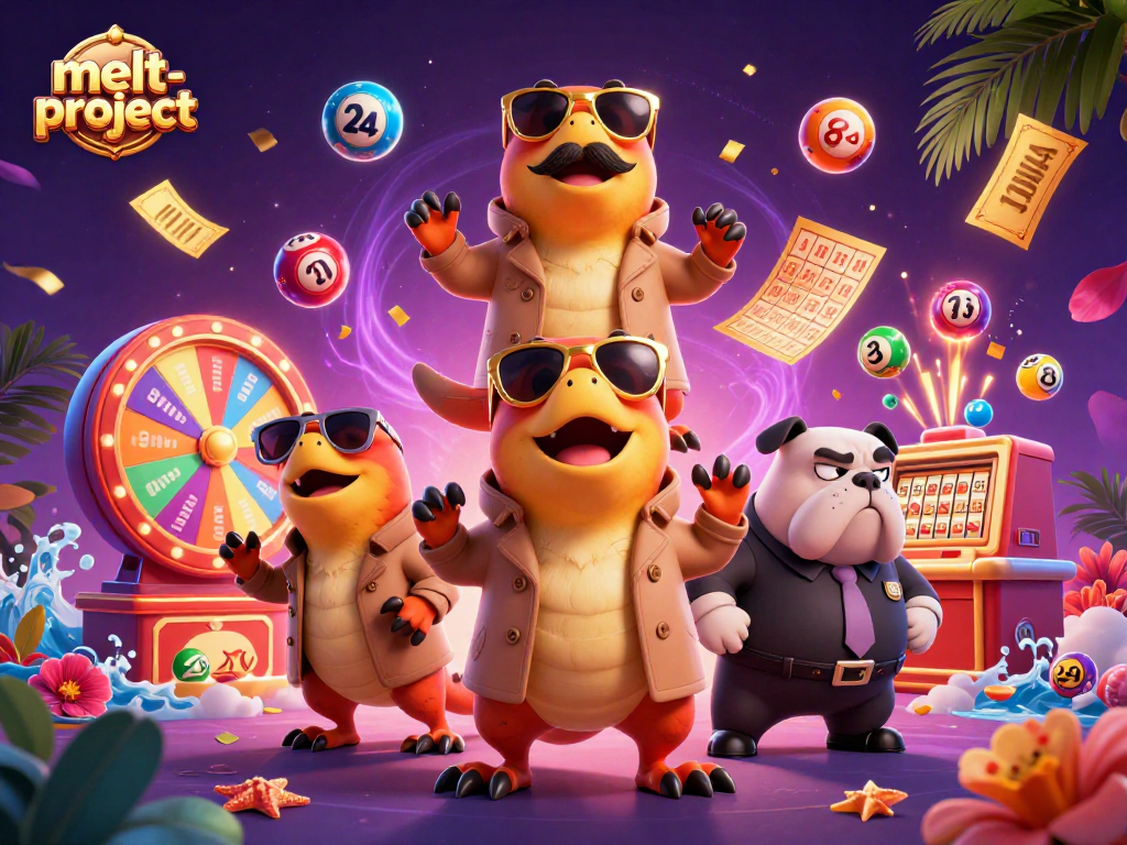 Join the fun at melt-project casinos as raptors sneak into a VIP lounge amidst falling colorful lottery balls.