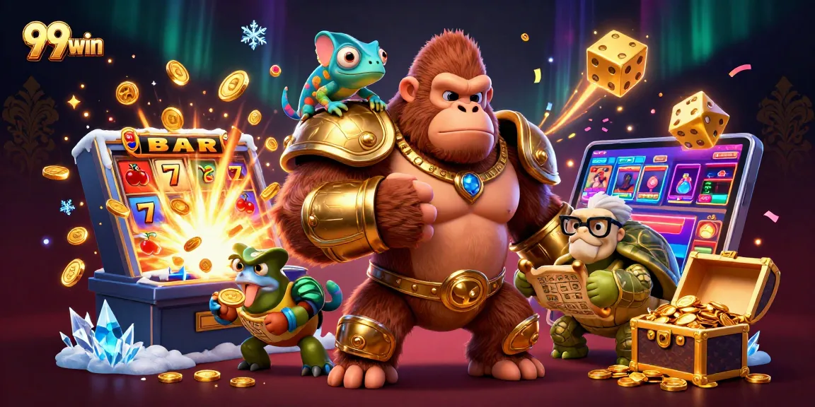 Experience the thrill of 99win with a dynamic scene featuring a gorilla king and casino elements.