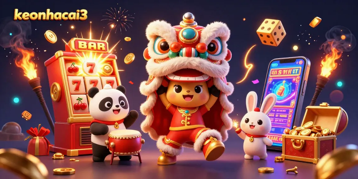 Experience the excitement of keonhacai3 with a vibrant lion dance and casino elements illustrating a jackpot celebration.