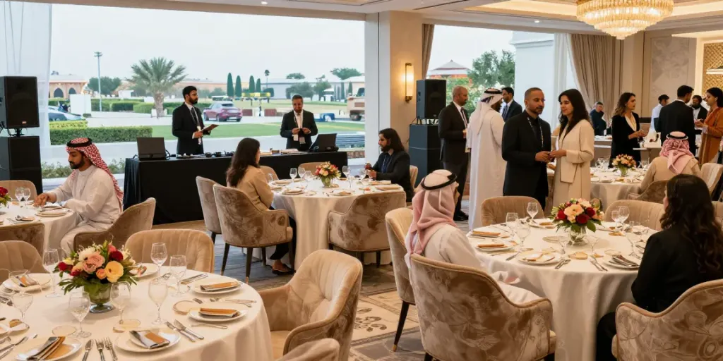 Event rental ksa at a luxurious gala with elegant furniture and decor in Saudi Arabia.