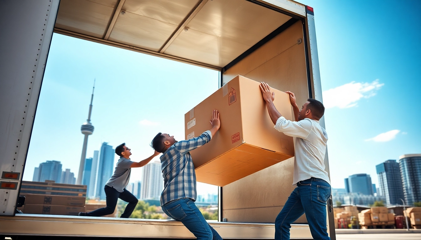 Toronto movers expertly handling a large box during a city move.