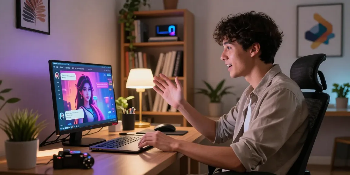Engaging nsfw chat ai conversation in a modern home office, showcasing vibrant virtual interaction.