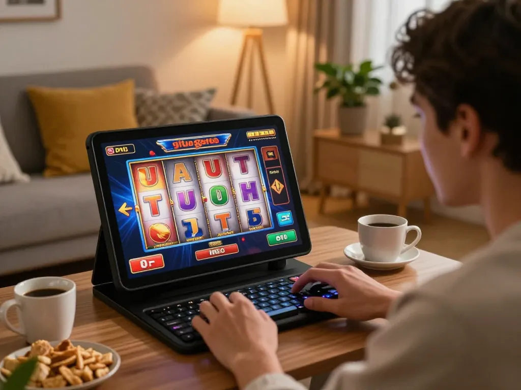 Player spins the reels on a situs gacor slot machine in a cozy home setting, surrounded by snacks and a warm atmosphere.