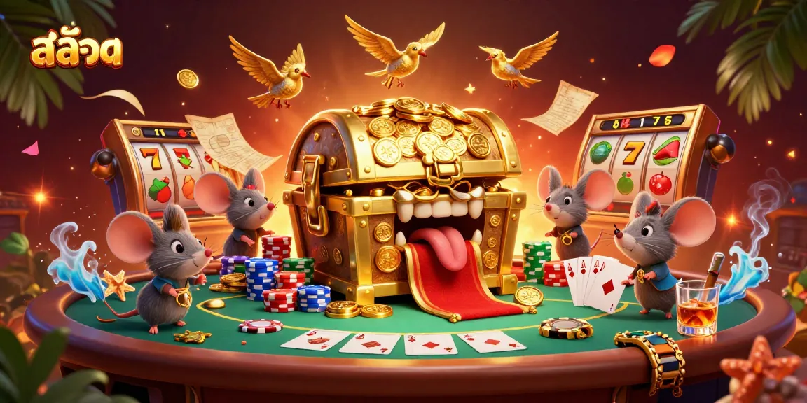 Spin the สล็อต reels with a vibrant casino scene filled with gold, treasure, and betting chips.