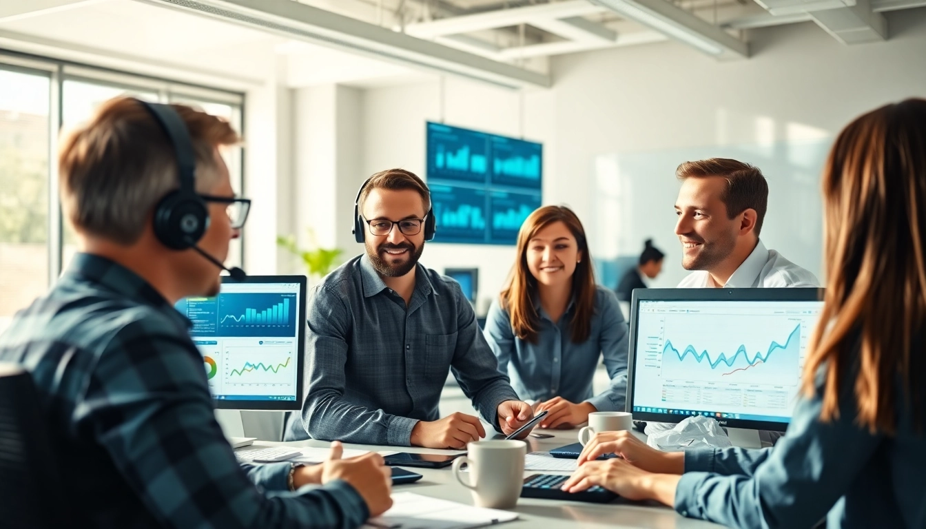 Showcase managed IT support services team efficiently collaborating in a modern office environment.