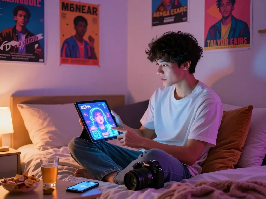 Interactive NSFW AI conversation scene in a cozy bedroom with ambient lighting.