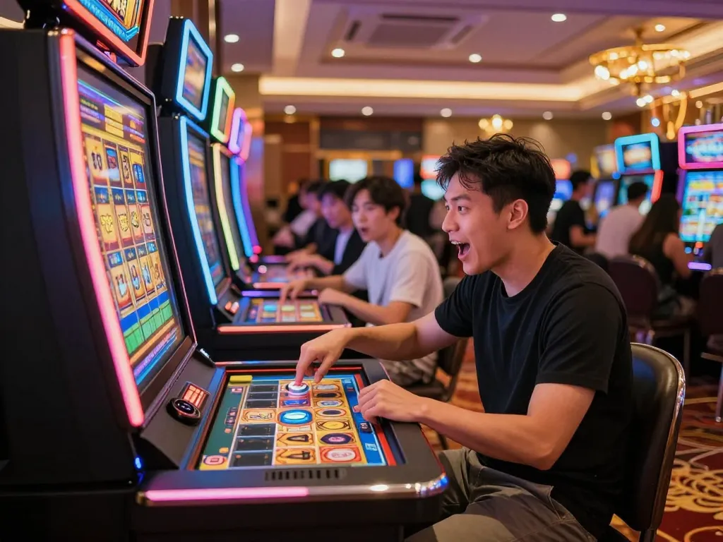 Player enjoying a Mahjong slot machine at a vibrant casino, showcasing excitement and engagement.