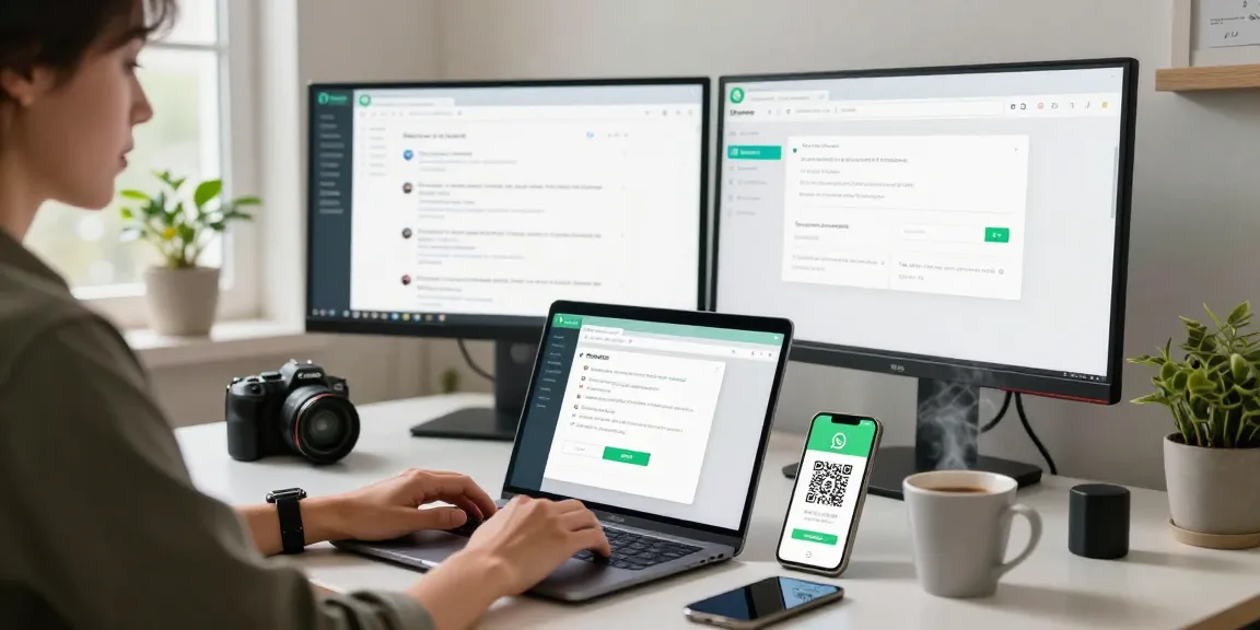 Using WhatsApp網頁版 on a laptop in a modern home office setup, showcasing productivity and connectivity.