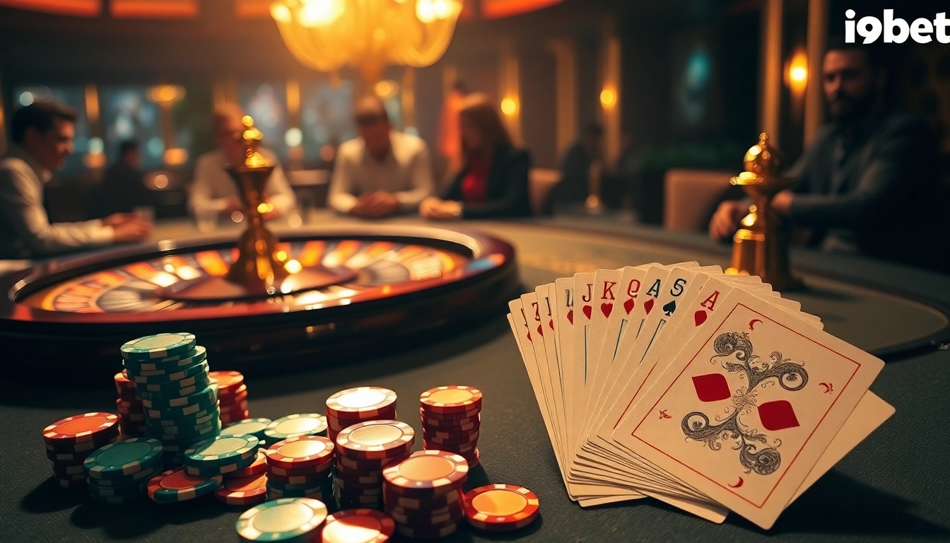 Experience the thrill of i9bet at a luxurious poker table with vibrant chips and an elegant roulette wheel.