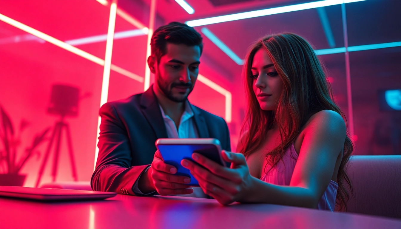 Engaging NSFW AI chat scene with vibrant lighting and interactive digital characters.