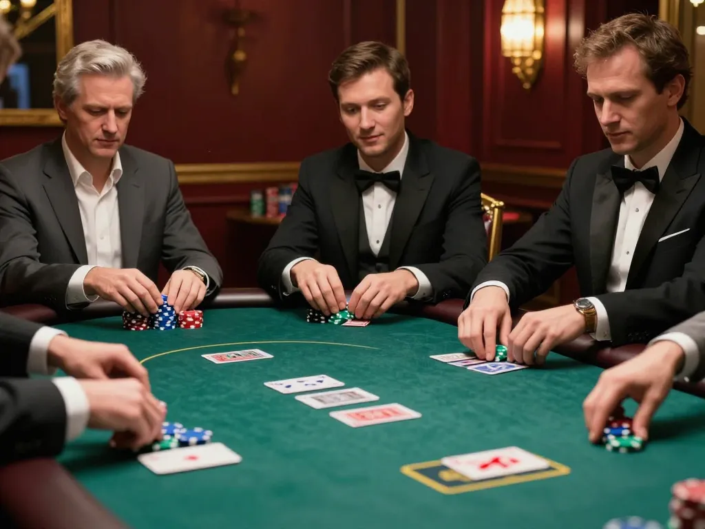 Players strategizing at a poker table with LUCK8 chips and cards, showcasing intense gameplay
