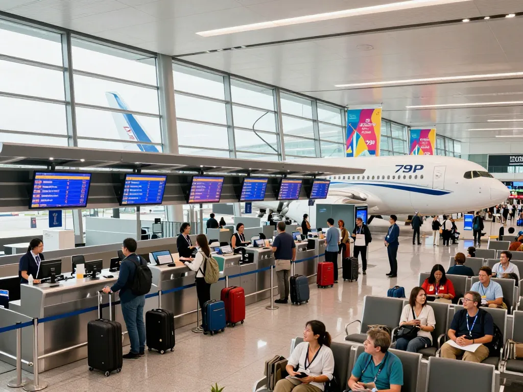 Travelers checking in for a flight on the new 789P aircraft at the airport.